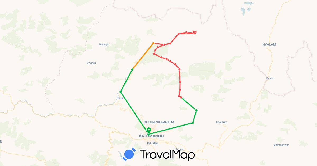 TravelMap itinerary: driving, bus, hiking, hitchhiking in Nepal (Asia)